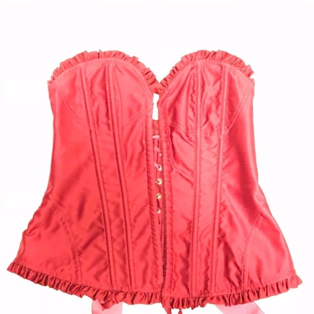Rare Victorias Secret Satin Babydoll Red Corset Lace Up Strapless Medium Vintage - Picture 6 of 8
